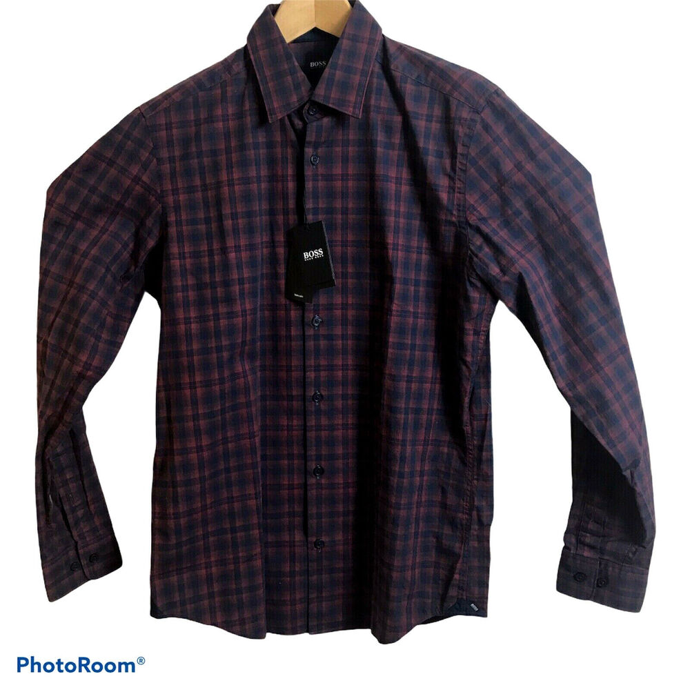BOSS Hugo Boss #10597 Mens S Long Sleeve Dark Red Plaid Shirt Regular Fit $138